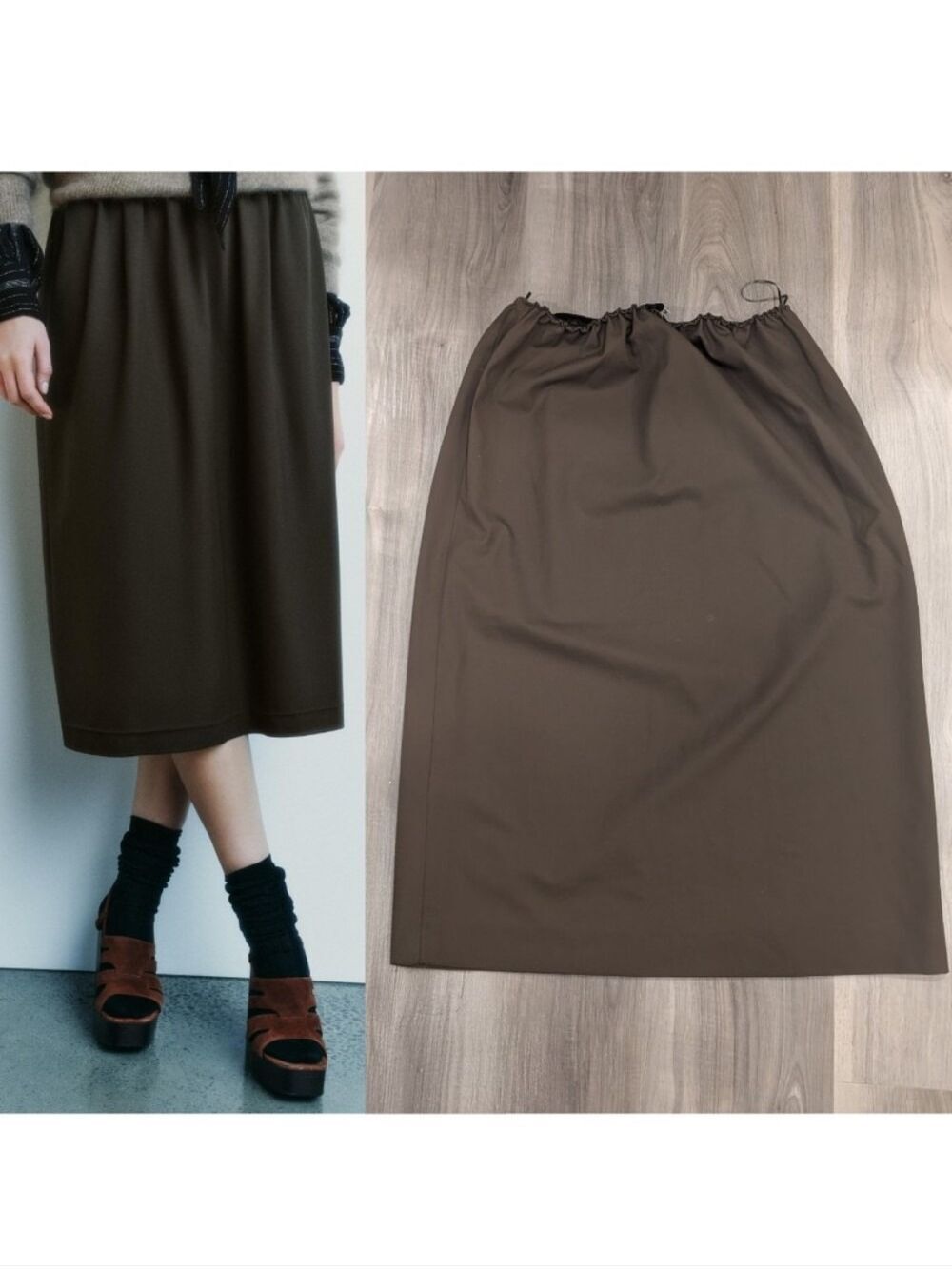 Zara | Gathered Elastic Waist Midi Skirt In Dark Brown